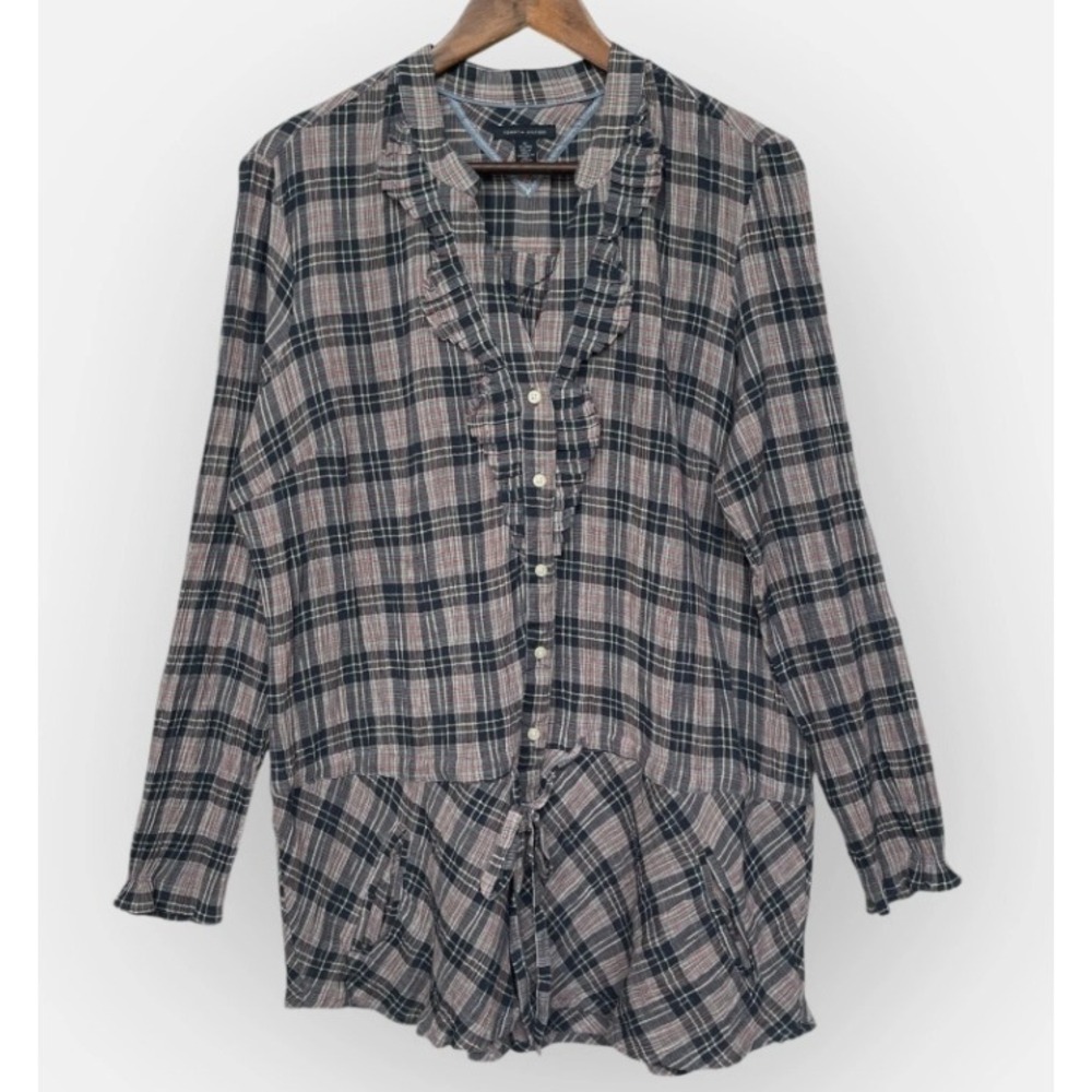 Tommy Hilfiger Womens XL Plaid Ruffle V-Neck Button Front Seersucker Tunic Top